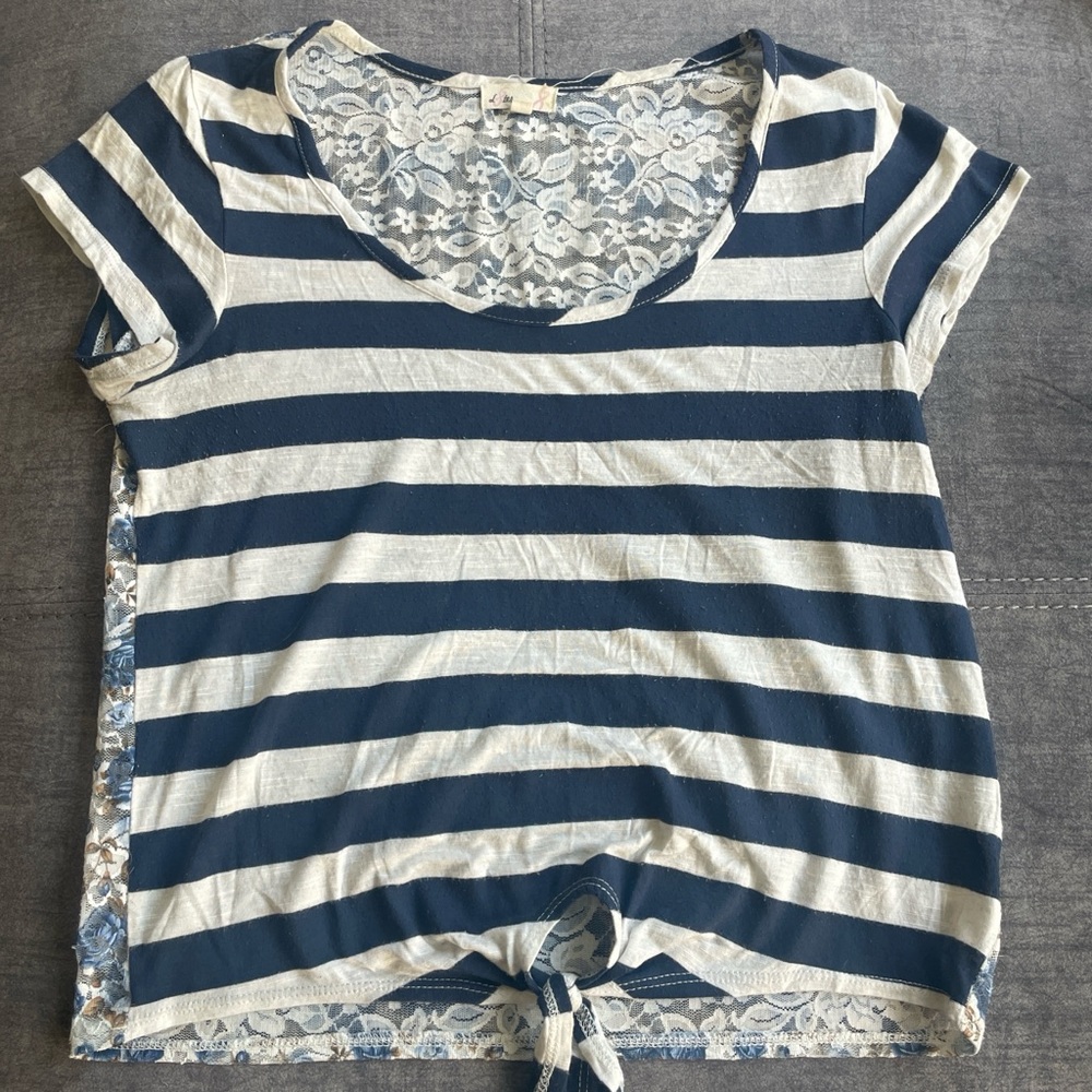 L8teR Blue and White Striped Lace Top